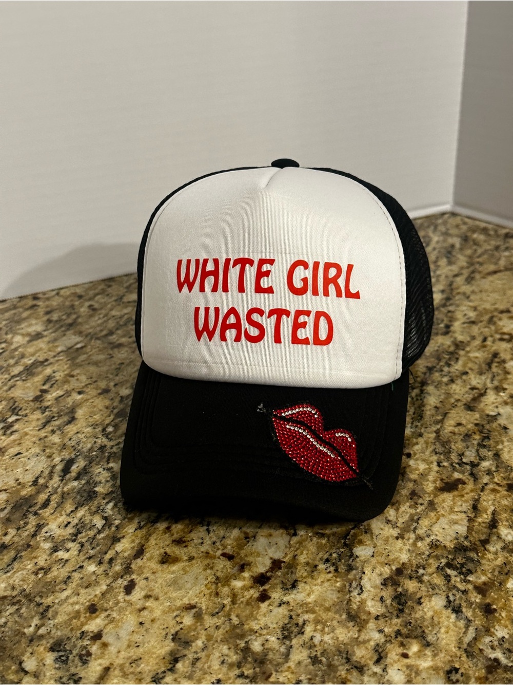 White and Black 'White Girl Wasted' Trucker Cap with Red Lip Accent